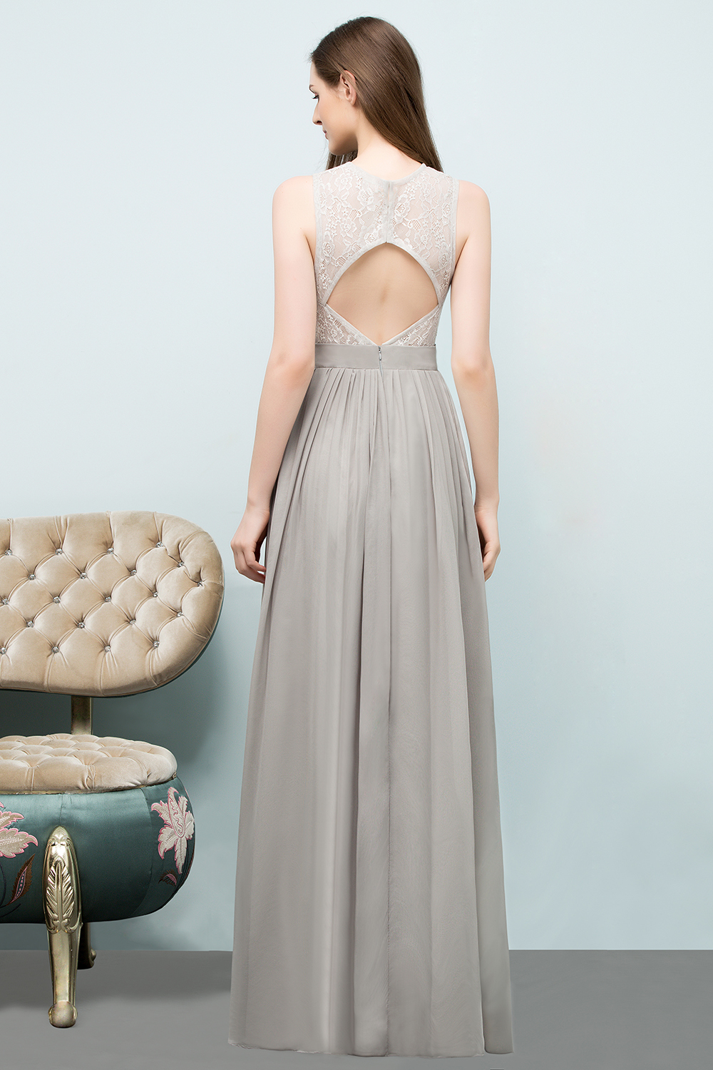 BMbridal Affordable Lace Sleeveless Silver Bridesmaid Dress with Ruffles-BMbridal