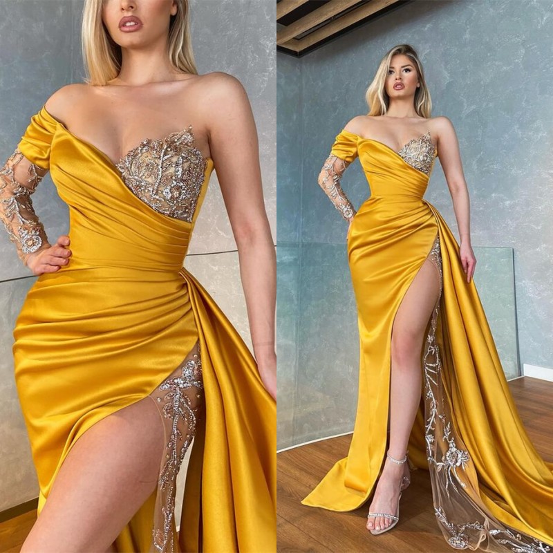 Bmbridal Long Sleeves Yellow Prom Dress Mermaid Split With Sequins Beads