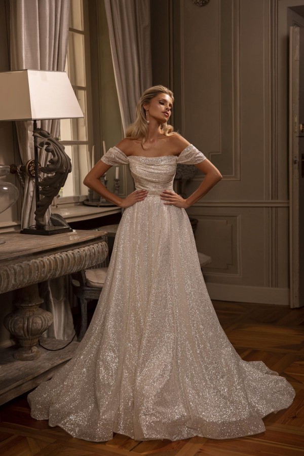 Bmbridal Off-the-Shoulder Sequins Wedding Dresses Long With Pleats-BMbridal