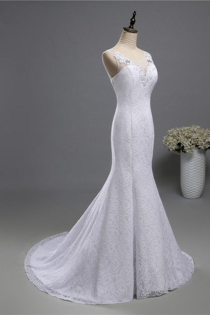 BMbridal Affordable Jewel Lace Sequins Mermaid Wedding Dress Sleeveless Appliques Bridal Gowns with Crystals-BMbridal