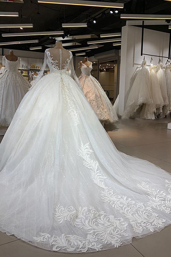 BMbridal Gorgeous Jewel Longsleeves Lace Wedding Dresses A-line Tulle Ruffles Bridal Gowns With Appliques Online-BMbridal