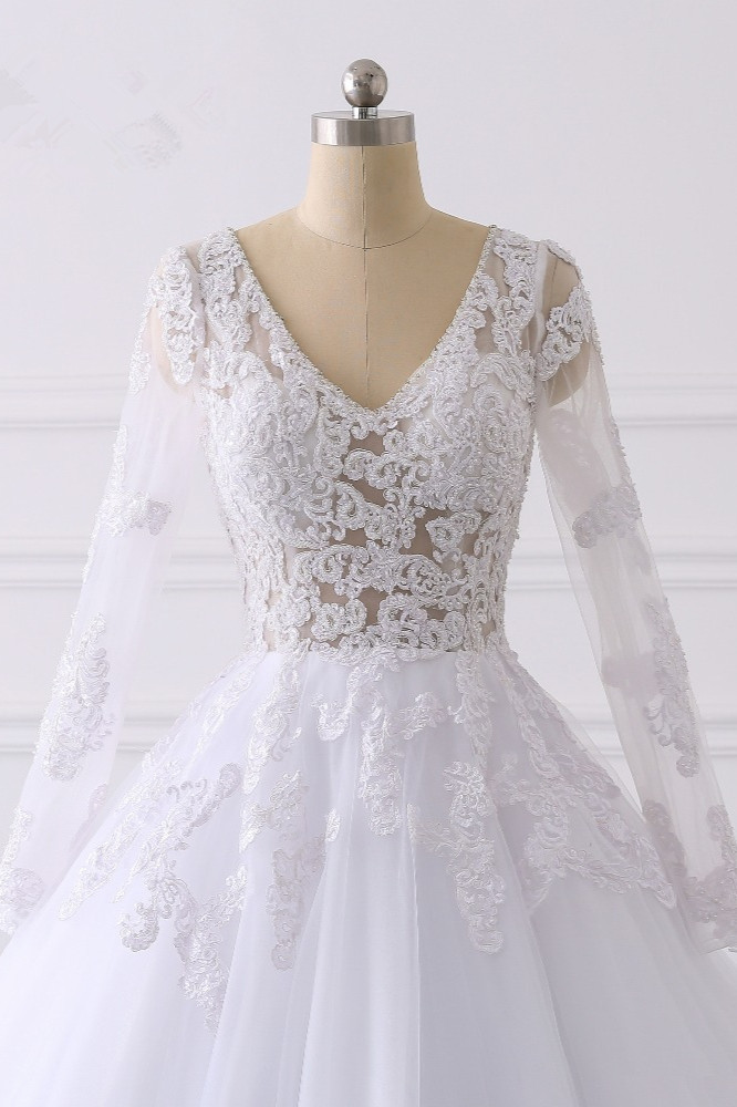 BMbridal Elegant V-Neck Long Sleeves Wedding Dress White Tulle Lace Appliques Bridal Gowns On Sale
