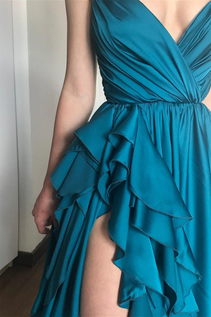 Ink Blue Spaghetti-Straps Sleeveless Prom Dress Slit Long With Ruffles