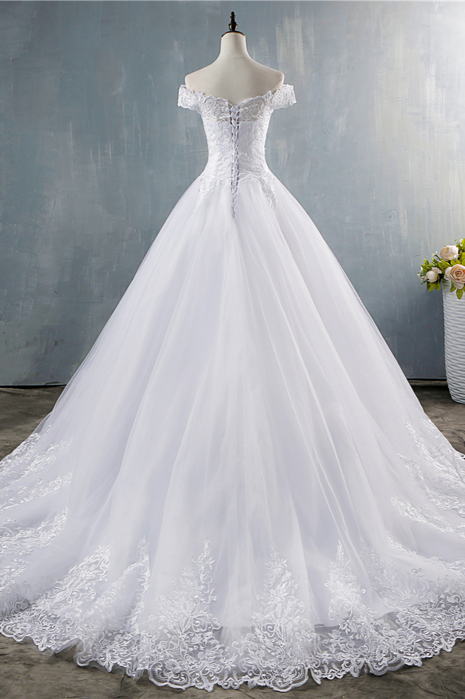 BMbridal Gorgeous Off-the-Shoulder White Tulle Wedding Dress Lace Appliques Bridal Gowns On Sale