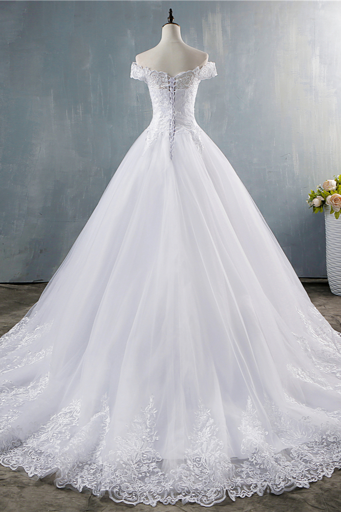 BMbridal Gorgeous Off-the-Shoulder White Tulle Wedding Dress Lace Appliques Bridal Gowns On Sale