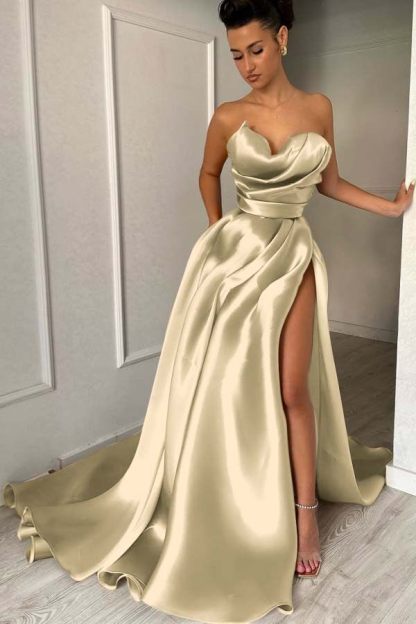 Strapless Sleeveless Long Prom Dress With High Split Pleated