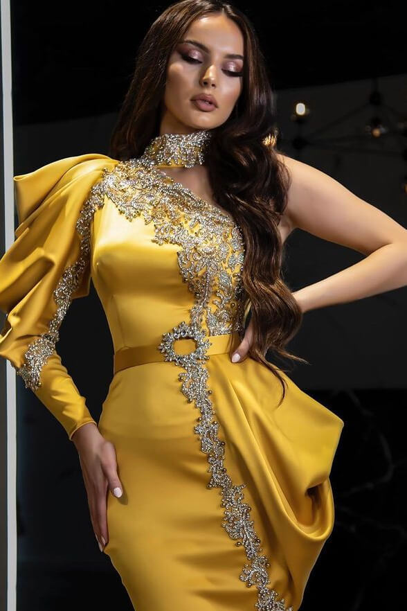 Bmbridal Gold One Shoulder Mermaid Evening Dress Long Sleeve With Beads