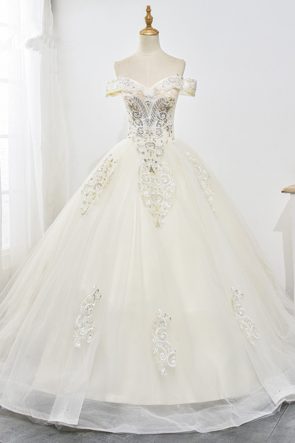BMbridal Gorgeous Off-the-Shoulder Champagne Tulle Wedding Dress Ball Gown Lace Appliques Sleeveless Bridal Gowns Online-BMbridal
