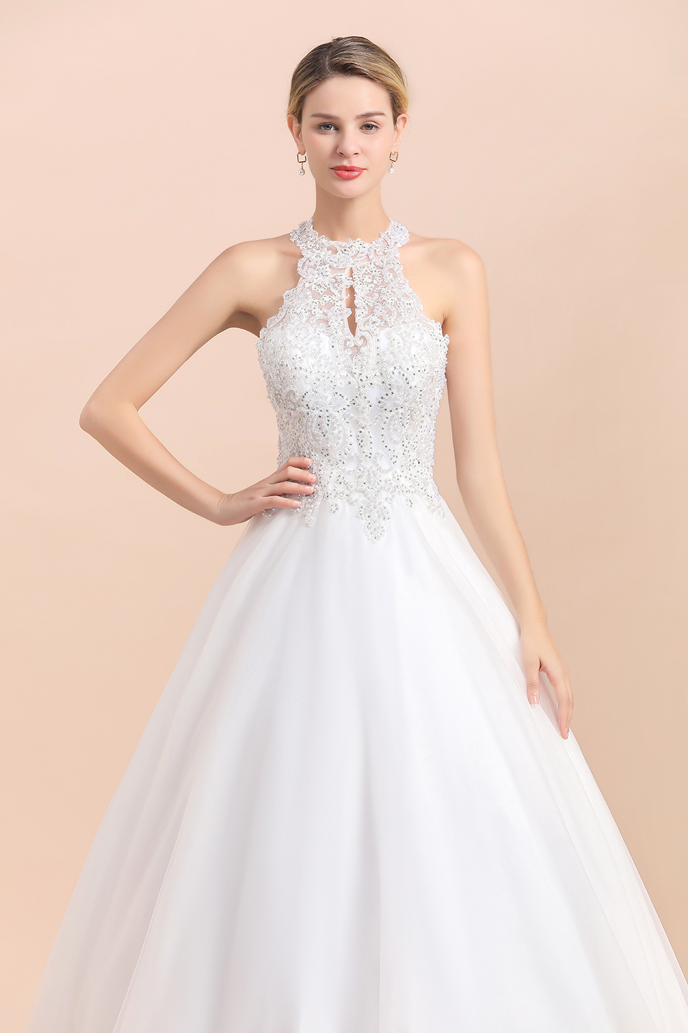 BMbridal Exquisite High-Neck Lace Wedding Dress Appliques Sequins Sleeveless Bridal Gowns On Sale-BMbridal