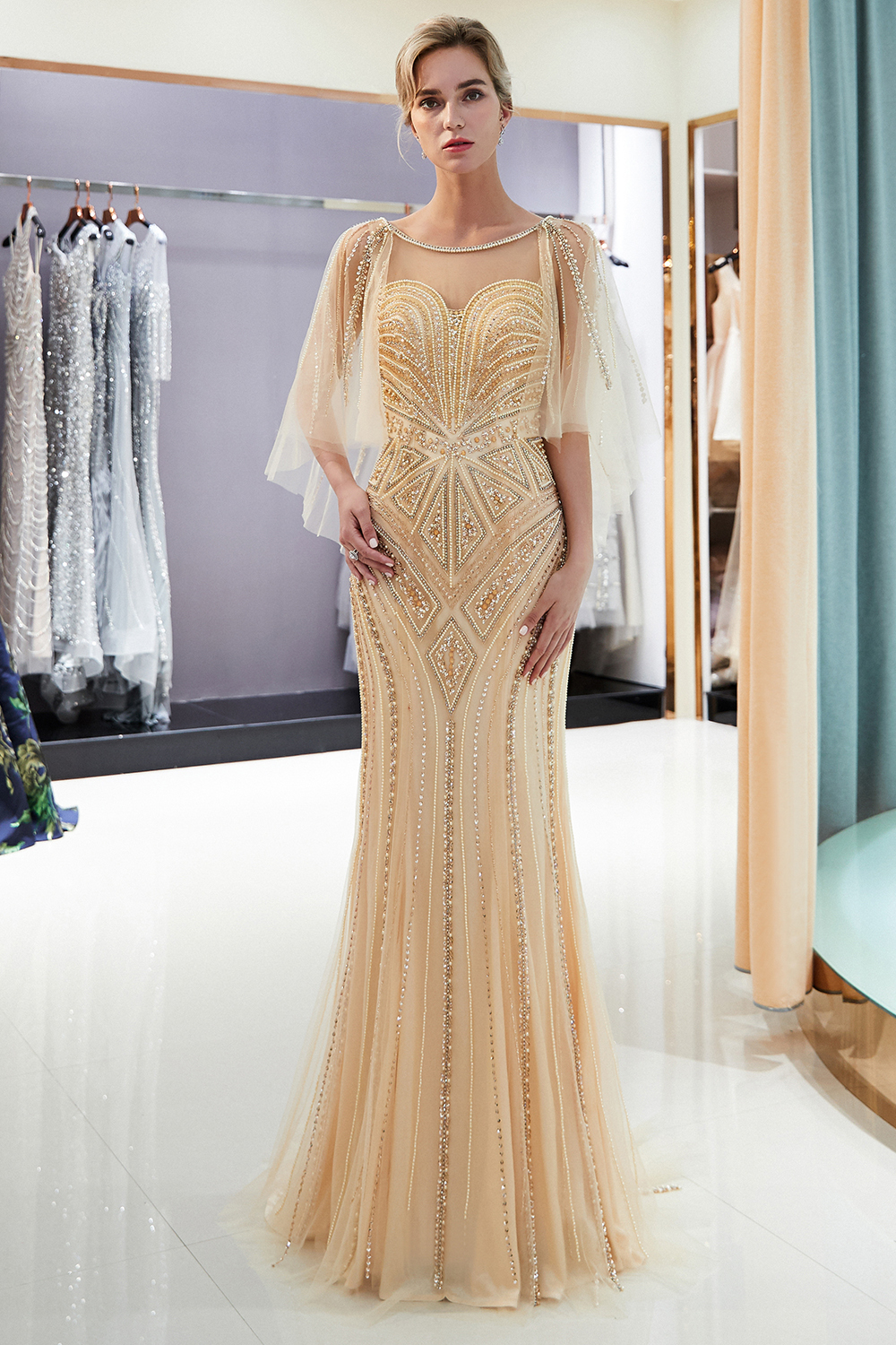 BMbridal Affordable Mermaid Sweetheart Prom Dresses Illusion Neckline Sequins Beading Evening Dresses-BMbridal