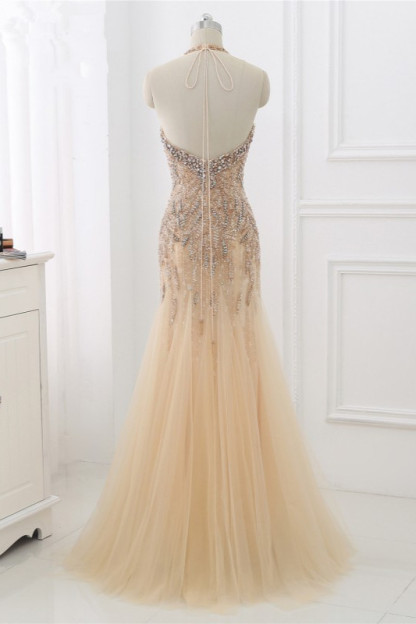 BMbridal Elegant Tulle Halter Rhinestones Mermaid Prom Dresses Sleeveless Appliques Online