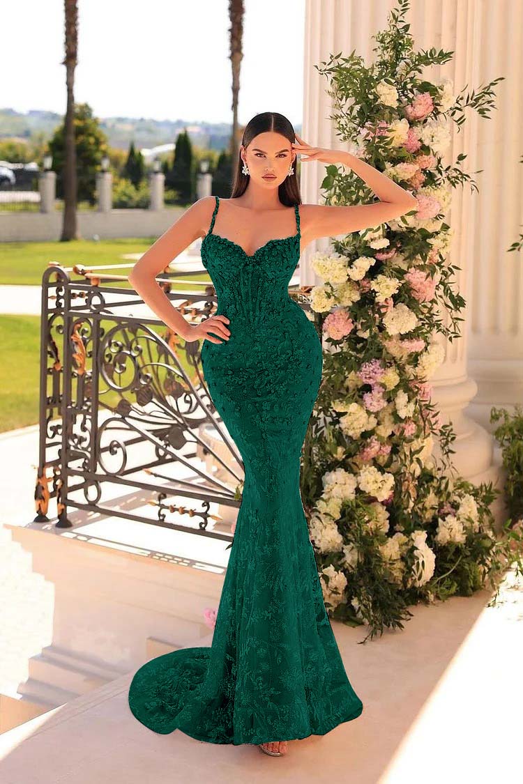 Spaghetti Strap Sleeveless Mermaid Appliques Long Prom Dress With Beadings