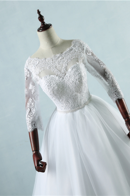 BMbridal Elegant Jewel Tulle Lace Wedding Dress 3/4 Sleeves Appliques A-Line Bridal Gowns On Sale