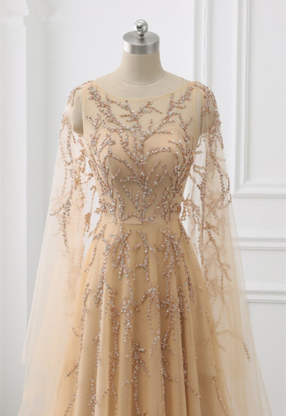 BMbridal Elegant Jewel Long Sleeves Ruffle Prom Dresses with Beadings Online