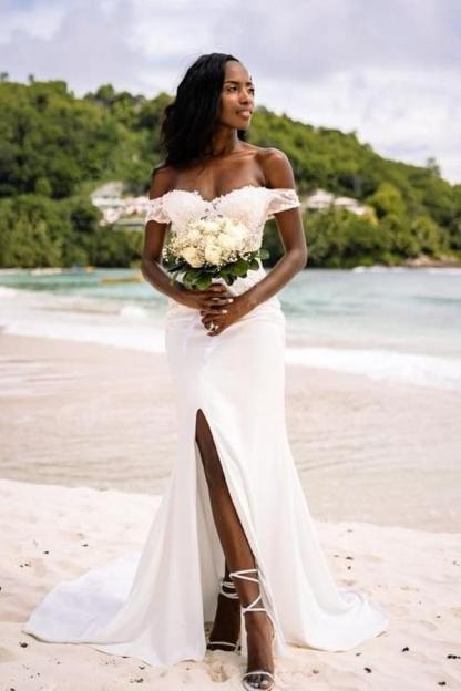 Modern Off-the-Shoulder Mermaid Sweetheart Long Wedding Dress with Slit