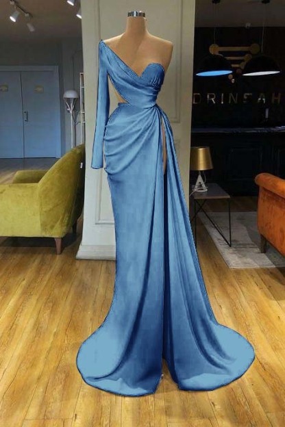 White Long Sleeve Sweetheart Mermaid Prom Dress One Shoulder With Split