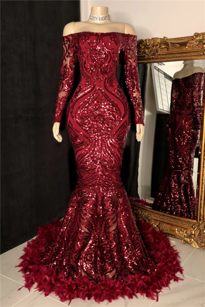 Long Sleeves Strapless Mermaid Prom Dress Sequins Burgundy With Feather