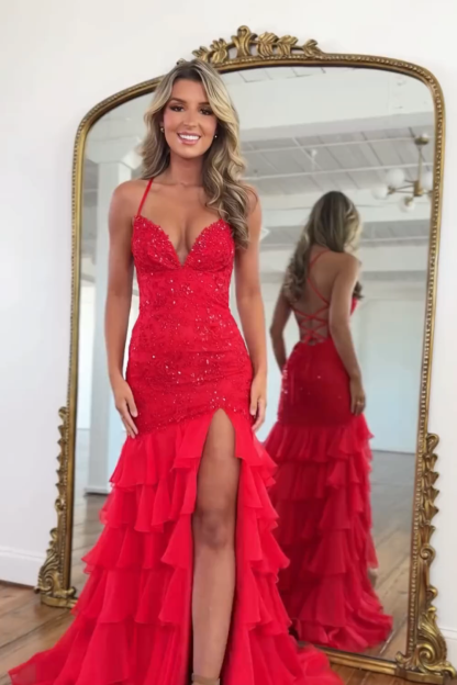 Sparkly Lilac Lace Appliques Sheath Tiered Long Chiffon Prom Dress with Slit