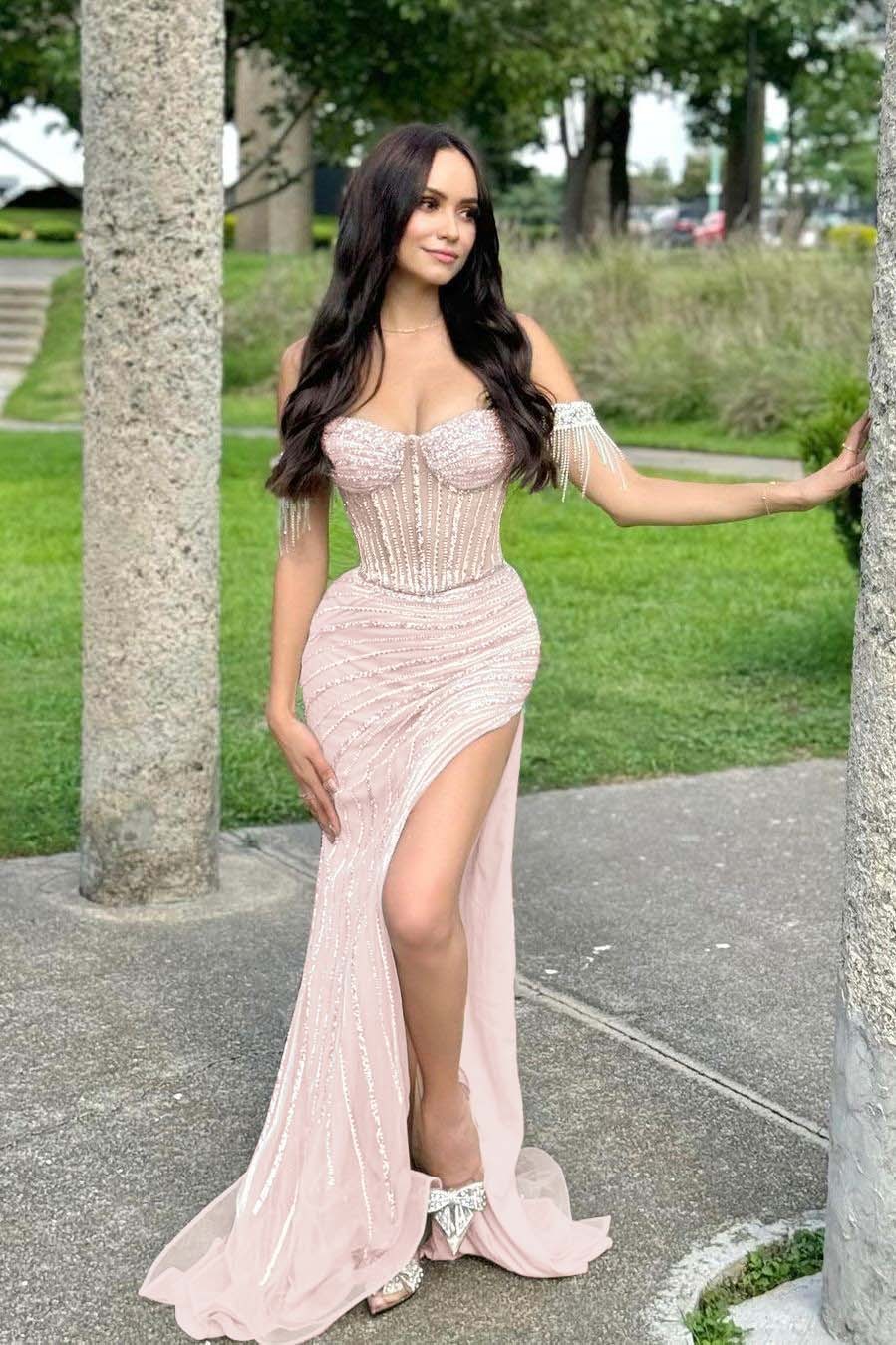 Off the Shoulder Sleeveless Long Mermaid Prom Dress With Split Beading