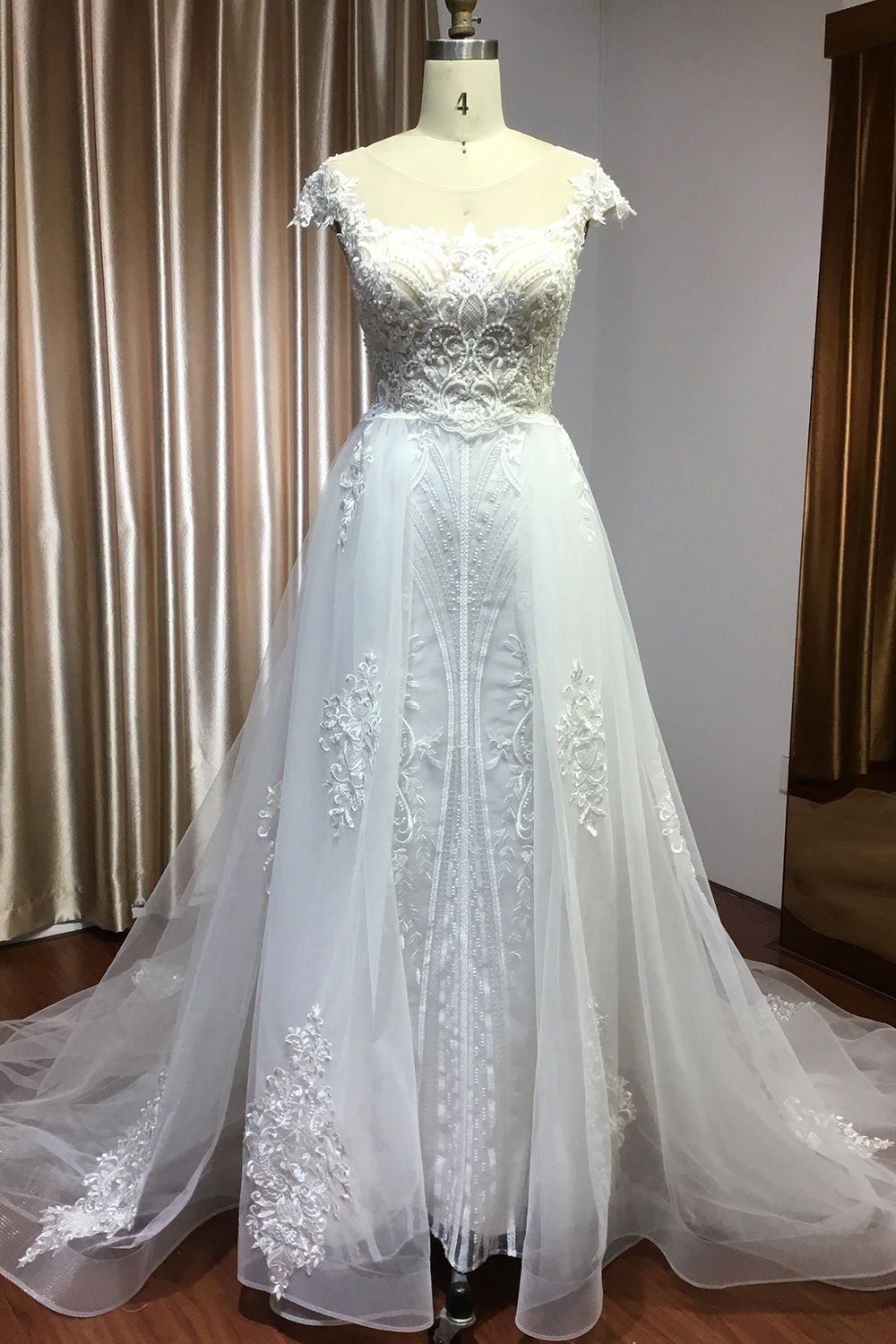 BMbridal Detachable Lace Mermaid Wedding Dress With Cap Sleeves-BMbridal