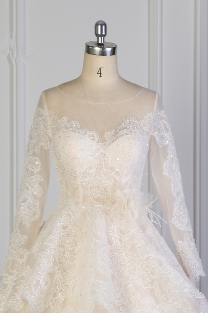 BMbridal Exquisite Lace Appliques Wedding Dress Tulle Long Sleeves Sequined Bridal Gown On Sale-BMbridal