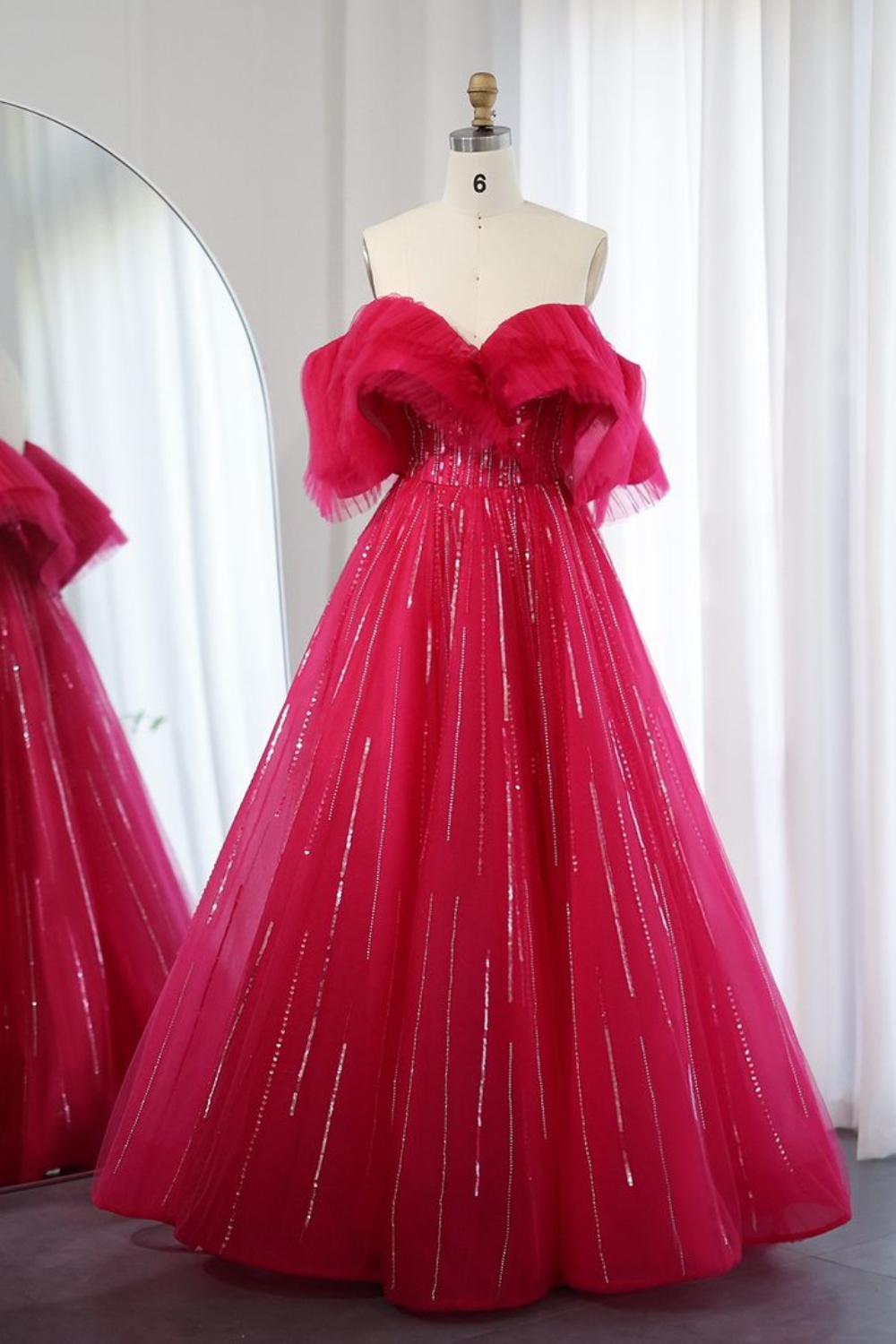 Bmbridal Fuchsia A-Line Tulle Sweetheart Floor-Length Prom Dresses with Ruffles