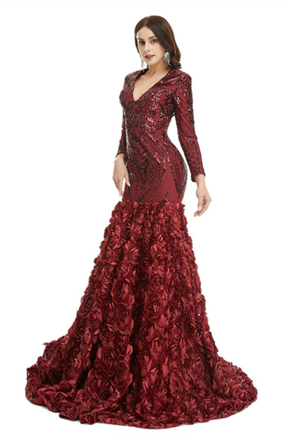 Bmbridal Long Sleeves V-Neck Prom Dress Mermaid Sequins With Flowers Bottom