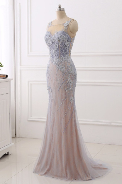 BMbridal Elegant Jewel Sleeveless Mermaid Prom Dresses Pearls with Appliques Online