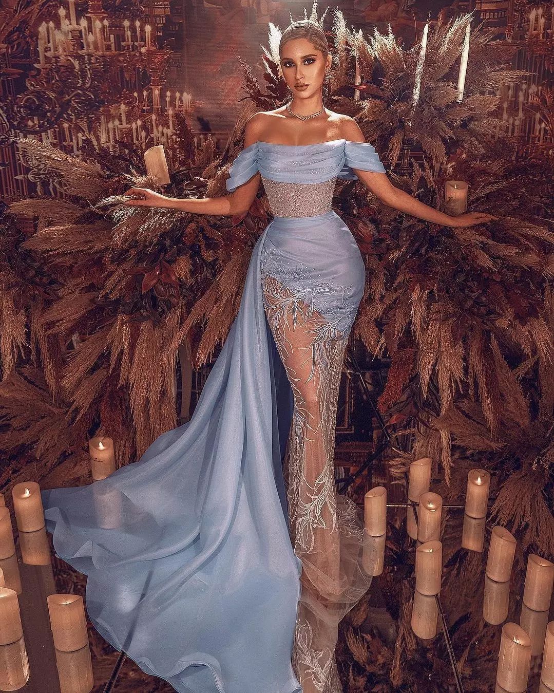 Sky Blue Off-the-Shoulder Prom Dress Mermaid Long With Beads