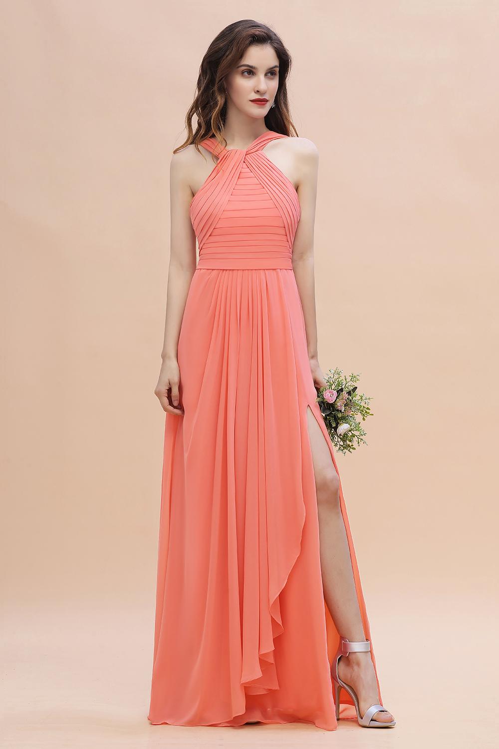 BMbridal Gorgeous A-Line Sleeveless Coral Chiffon Bridesmaid Dress with Ruffles On Sale-BMbridal