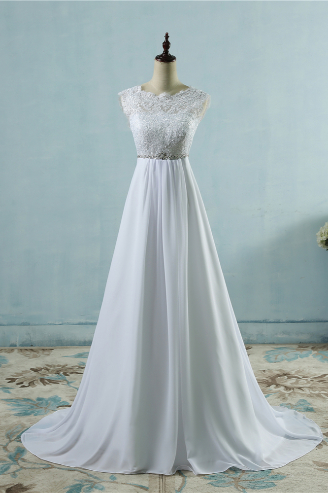 BMbridal Affordable Chiffon Jewel Lace Ruffles Wedding Dress Sleeveless Appliques Bridal Gowns with Beading Sash-BMbridal