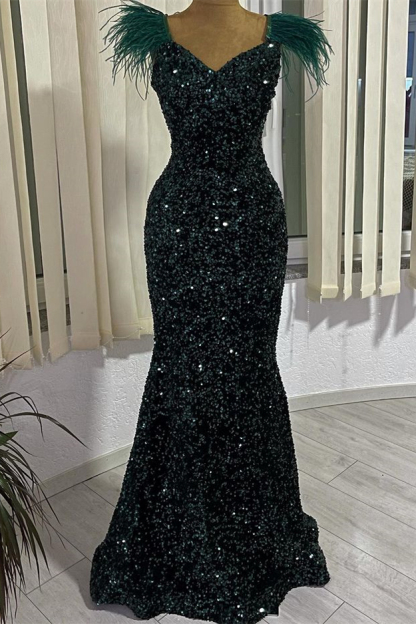 Bmbridal Dark Green Mermiad V-Neck Prom Dress with Sequins