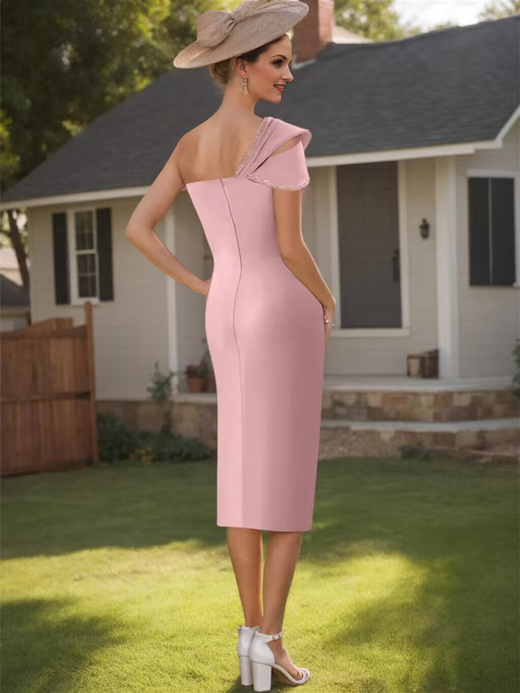 Satin One-Shoulder Knee-Length Mother of the Bride Dress with Beading-BMbridal