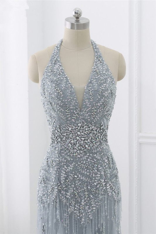 BMbridal Elegant Tulle Halter Rhinestones Mermaid Prom Dresses Sleeveless Appliques Online