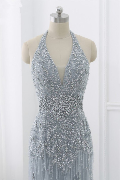BMbridal Elegant Tulle Halter Rhinestones Mermaid Prom Dresses Sleeveless Appliques Online