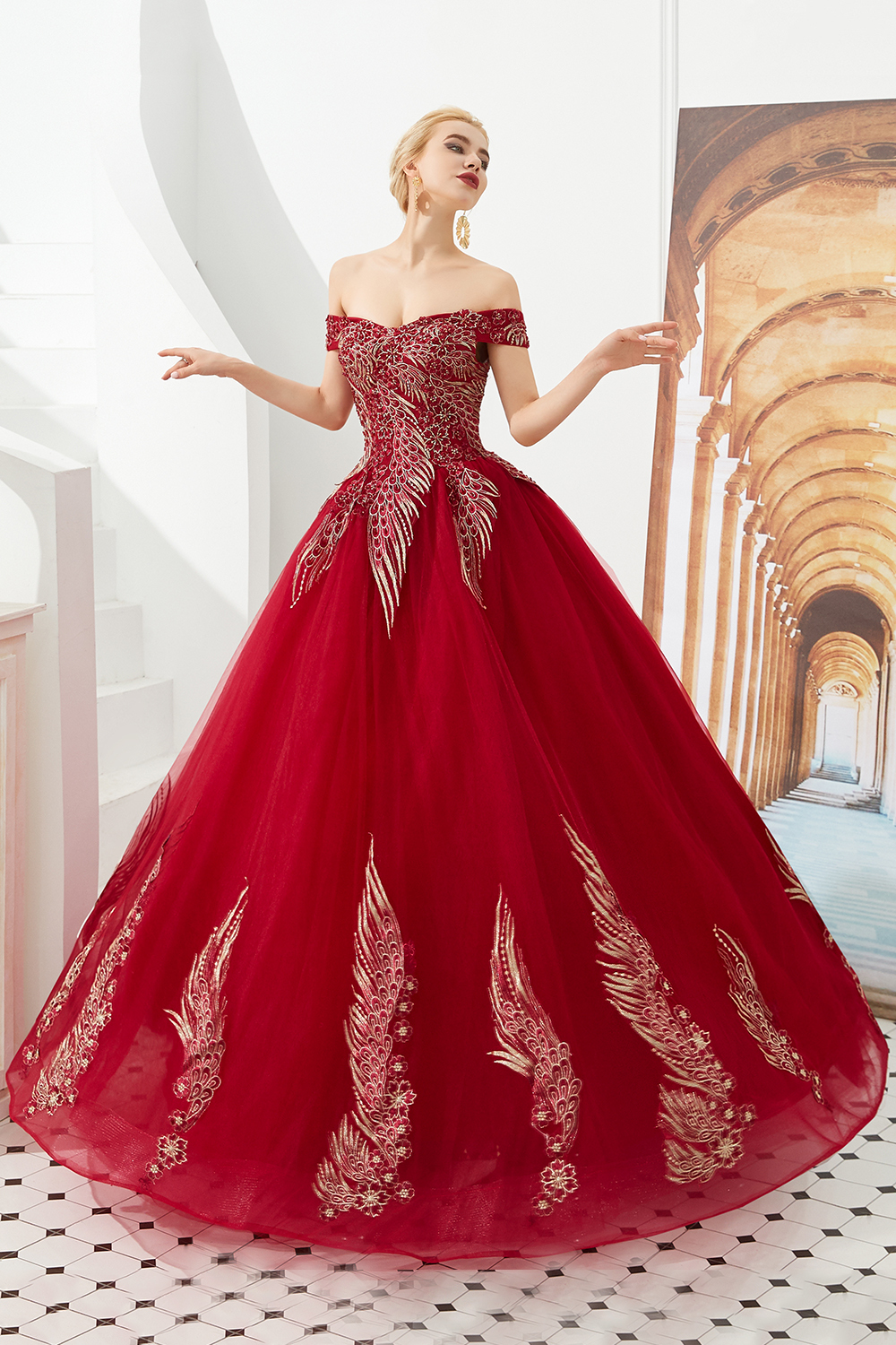 BMbridal Off-the-Shoulder Tulle Ball Gown Prom Dress With Appliques Beadings