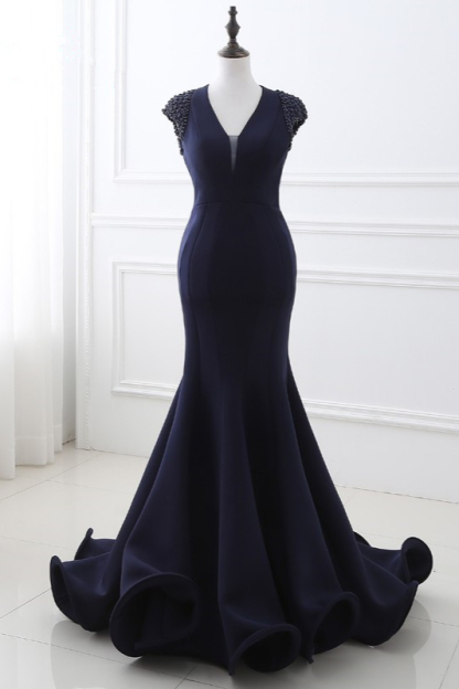 BMbridal Stylish V-Neck Mermaid Black Prom Dresses Sleeveless Beadings Open Back Party Dresses On Sale-BMbridal