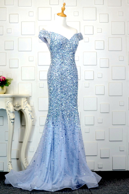 BMbridal Glamorous Off-the-Shoulder Blue Mermaid Prom Dresses with Rhinestones On Sale