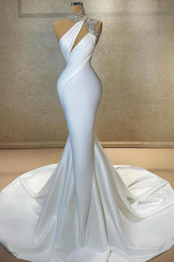 Luxurious White Mermaid High Neck Sleeveless Satin Prom Dresses with Train
