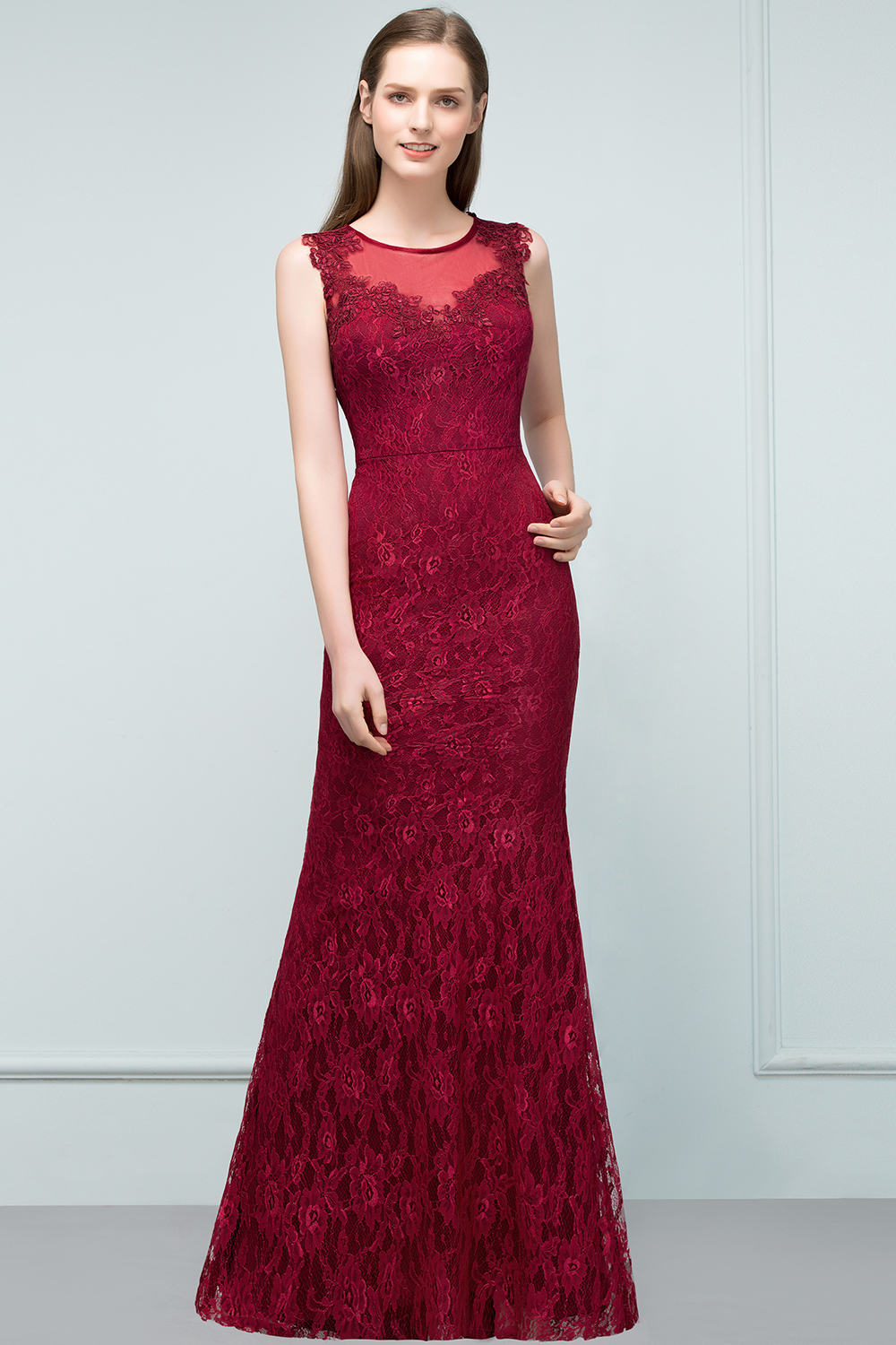 BMbridal Gorgeous Bugrundy Lace Prom Dress Long Mermaid Evening Gowns Online