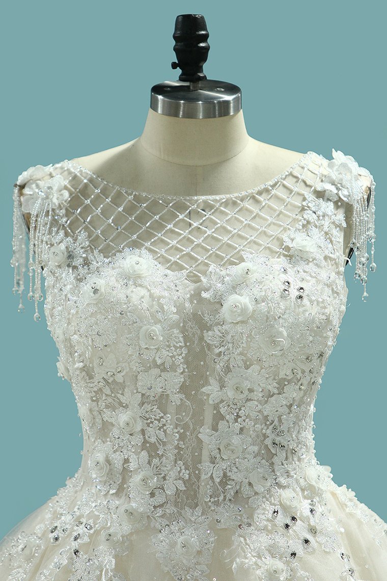 BMbridal Gorgeous Ball Gown Jewel Champagne Tulle Wedding Dress Lace Appliques Beadings Bridal Gowns with Tassels-BMbridal
