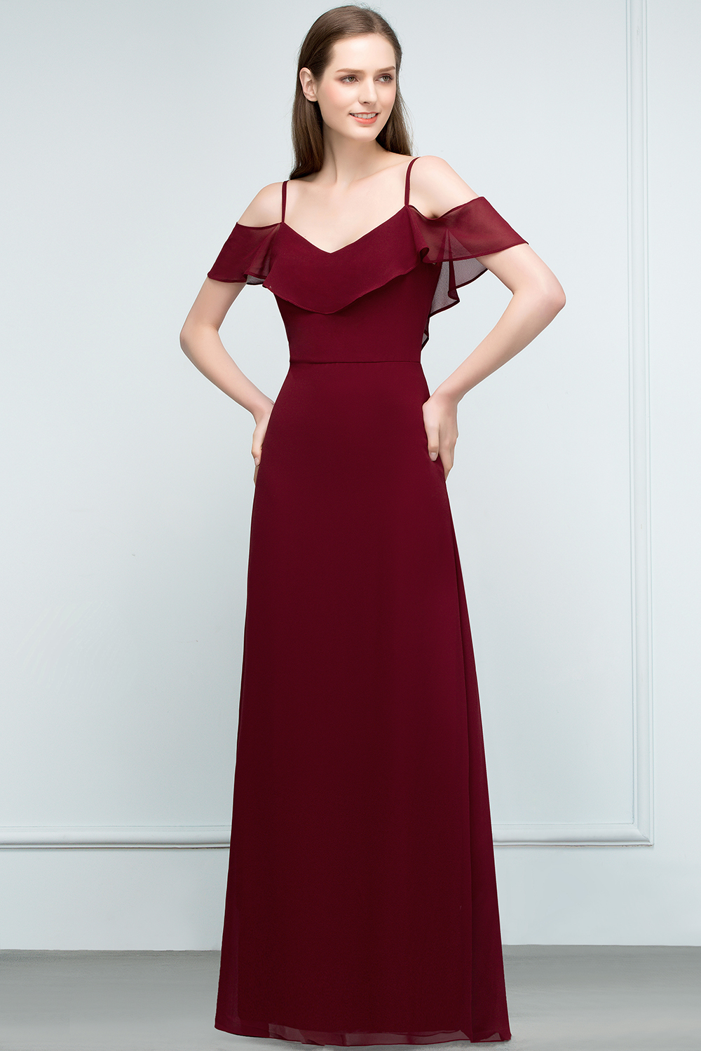 BMbridal Affordable A-line Chiffon Off-the-Shoulder V-neck Long Bridesmaid Dress In Stock