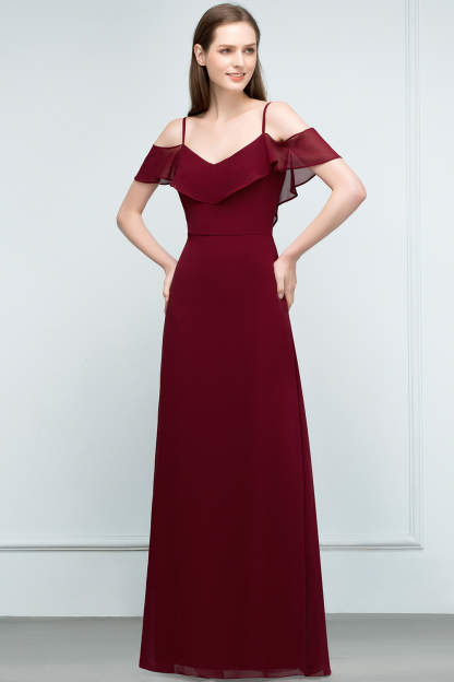 BMbridal Affordable A-line Chiffon Off-the-Shoulder V-neck Long Bridesmaid Dress In Stock