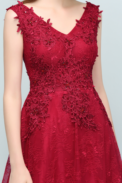 BMbridal Burgundy V-Neck Lace Prom Dress Long Evening Party Gowns With Appliques