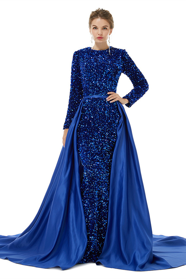 Bmbridal Long Sleeves Sequins Prom Dress Mermaid Overskirt