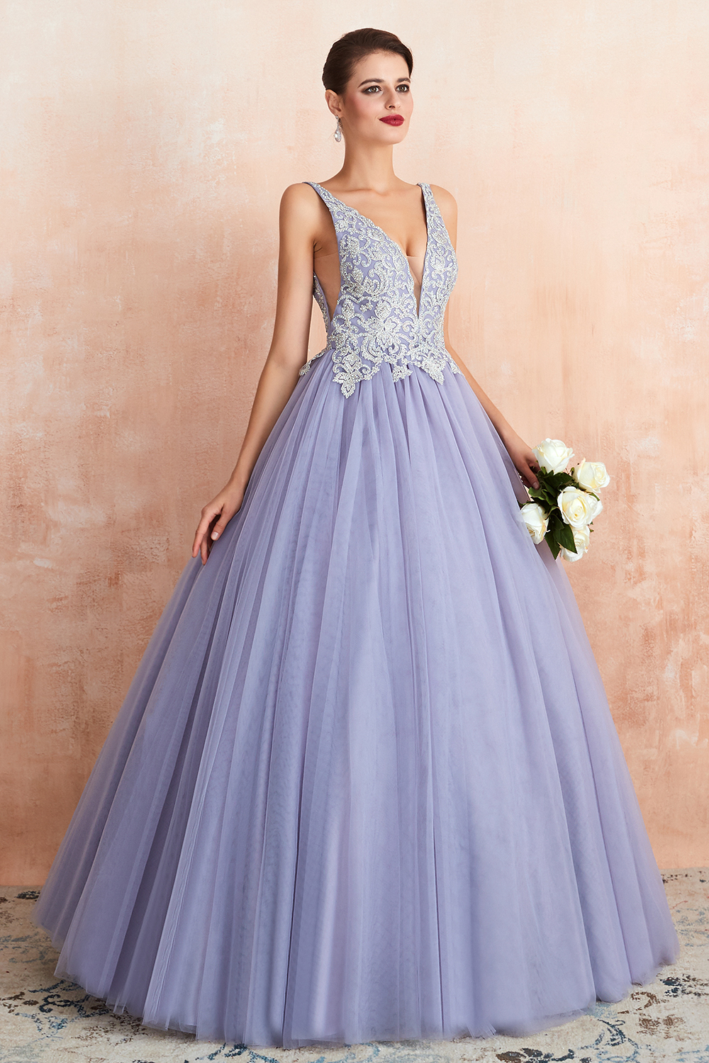 BMbridal Gorgeous Lavender Lace Prom Dress V-Neck Ball Gown Tulle Formal Wears