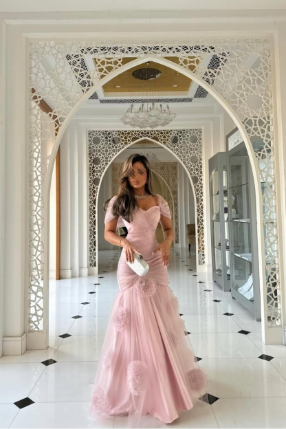 Sweetheart Short Sleeves Long Mermaid Prom Dress With Pleated