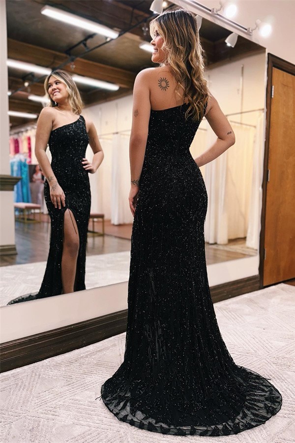 Bmbridal One Shoulder Black Prom Dress Mermaid Sequins Long