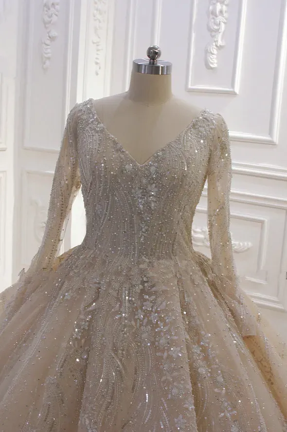 Beautiful Long Sleeves V-Neck Ball Gown Wedding Dress with Sequins Beading Ruffles