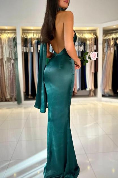 Bmbridal Dark Green One Shoulder Sleeveless Mermaid Prom Dresses with Ruffles